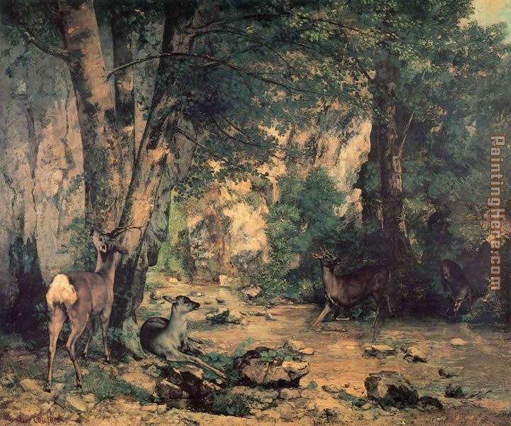 A Thicket of Deer at the Stream of Plaisir Fountaine painting - Gustave Courbet A Thicket of Deer at the Stream of Plaisir Fountaine art painting